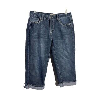 Earl Jean Women's Blue Denim Cuffed Rhinestone Crop Capri Jeans Size 8